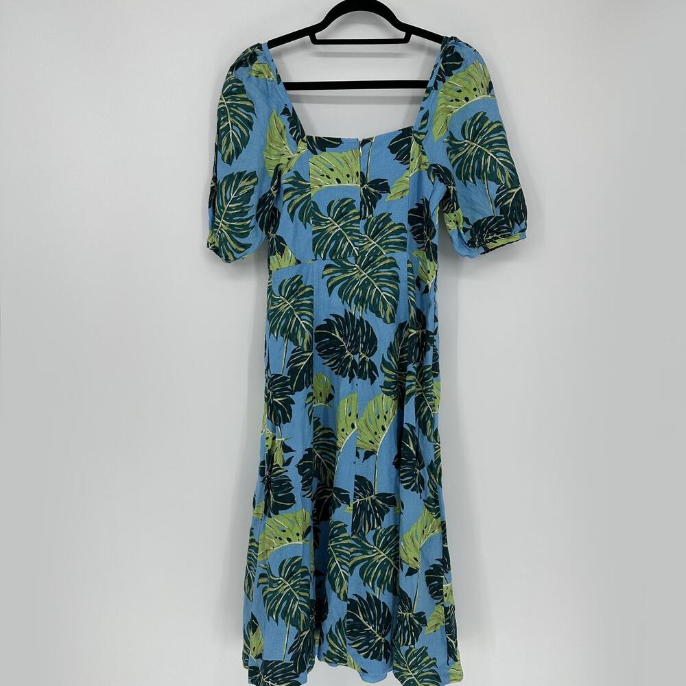Draper James Dress Womens 4 Blue Green Leaf Linen Puff Sleeve Midi Fit Flare - Picture 8 of 10